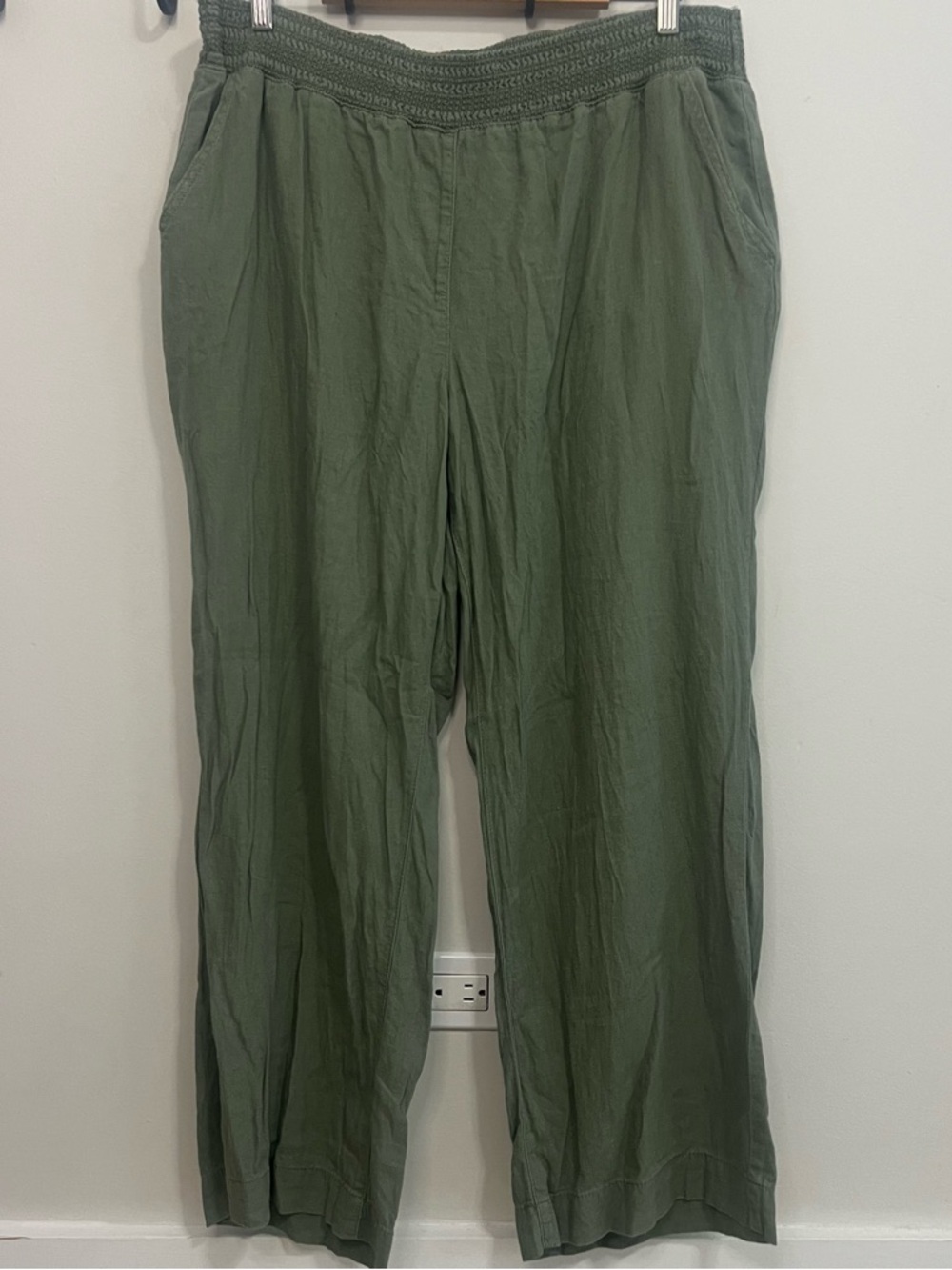 Briggs New York Olive Green Elastic-Waist Boho Linen Wide Leg Pants Spring